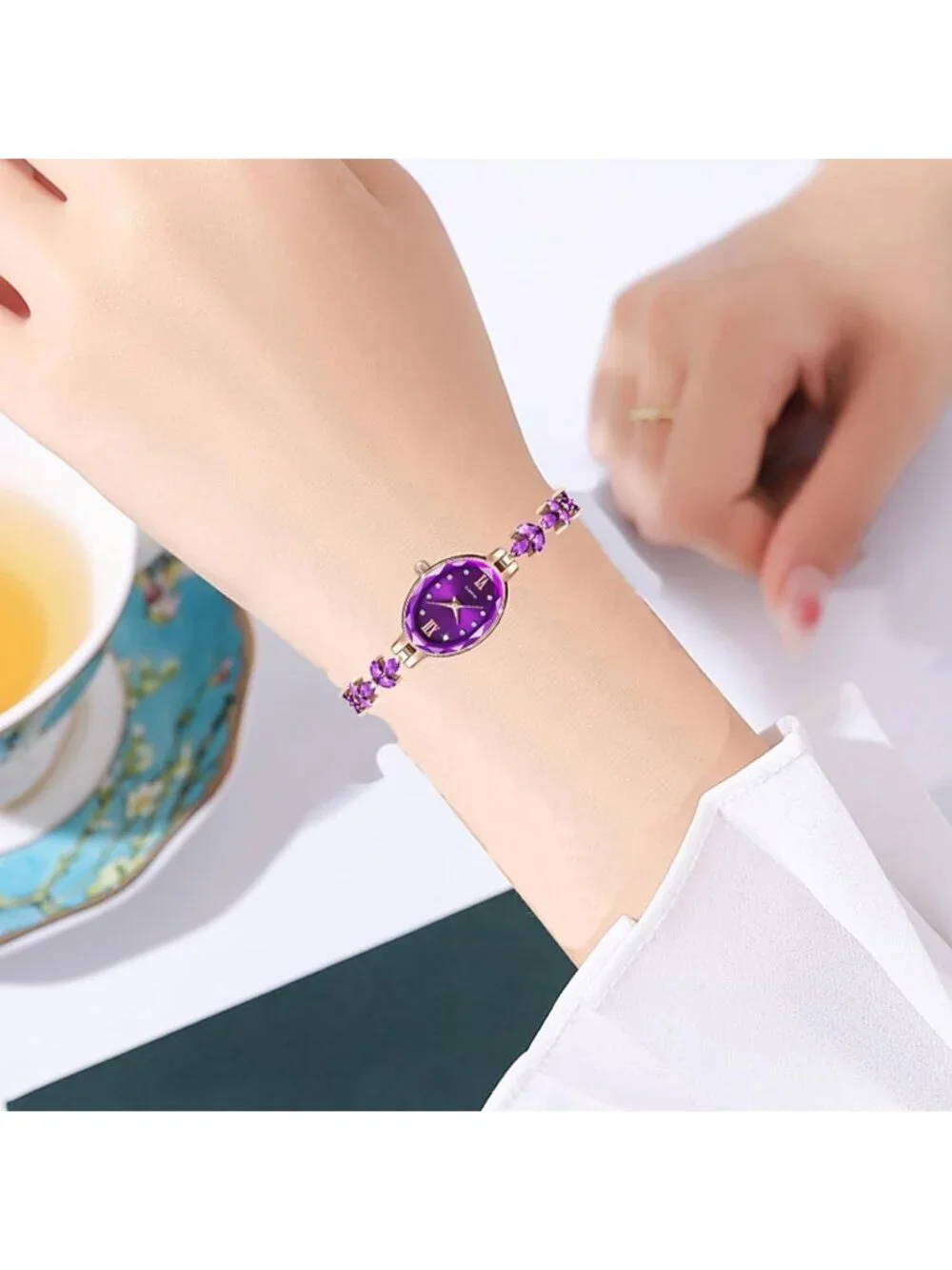 Women's Rose Gold Purple Quartz Petal Casual Bracelet Simulated Luxury Watch